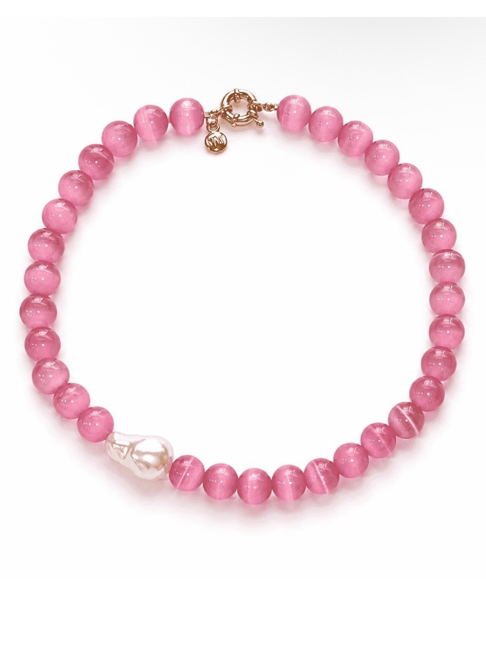 Pink Beaded Necklace with Pearl Accent and Gold Clasp